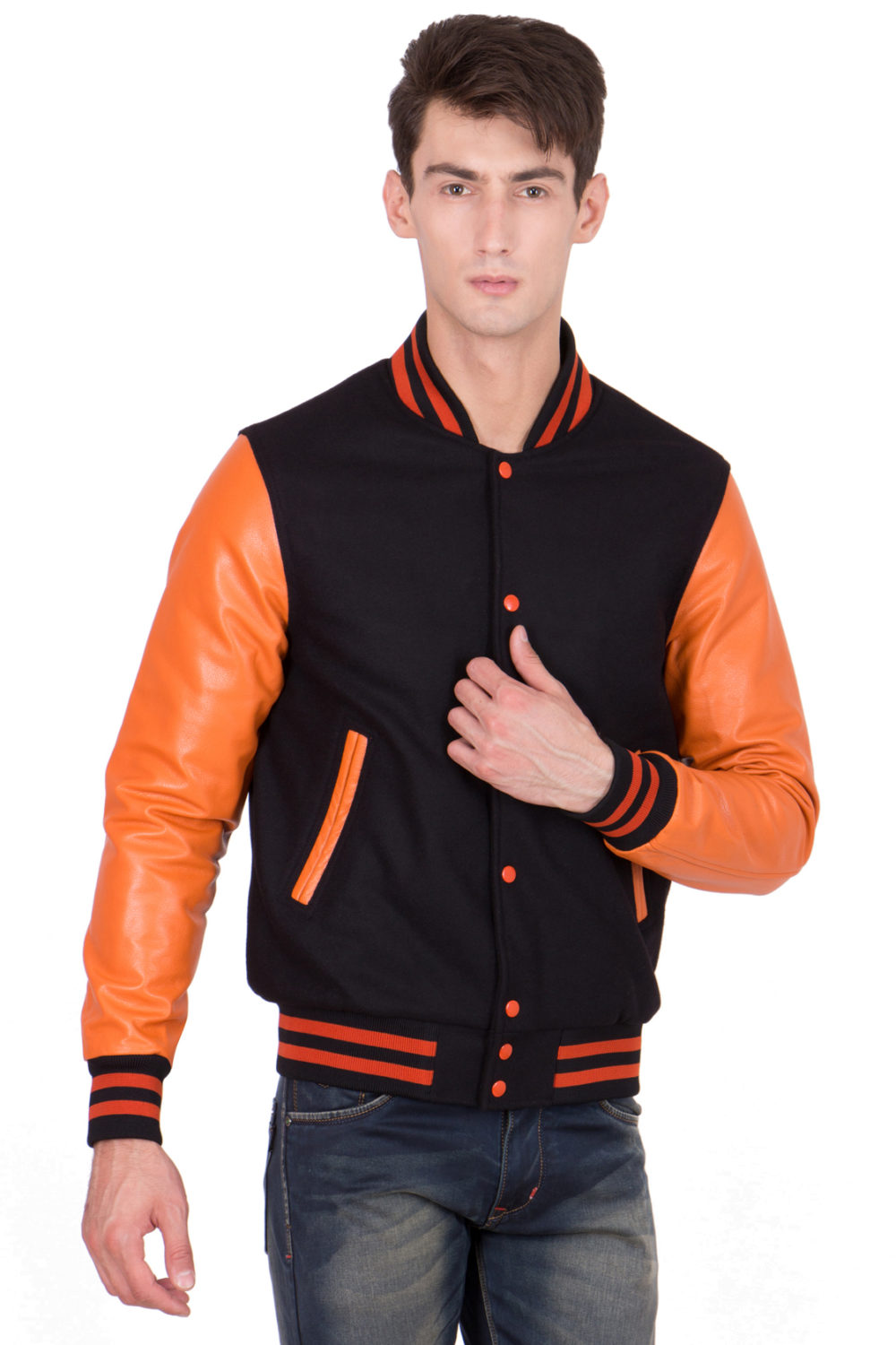 ORANGE VINYL SLEEVES & BLACK WOOL BODY VARSITY JACKET-MEN