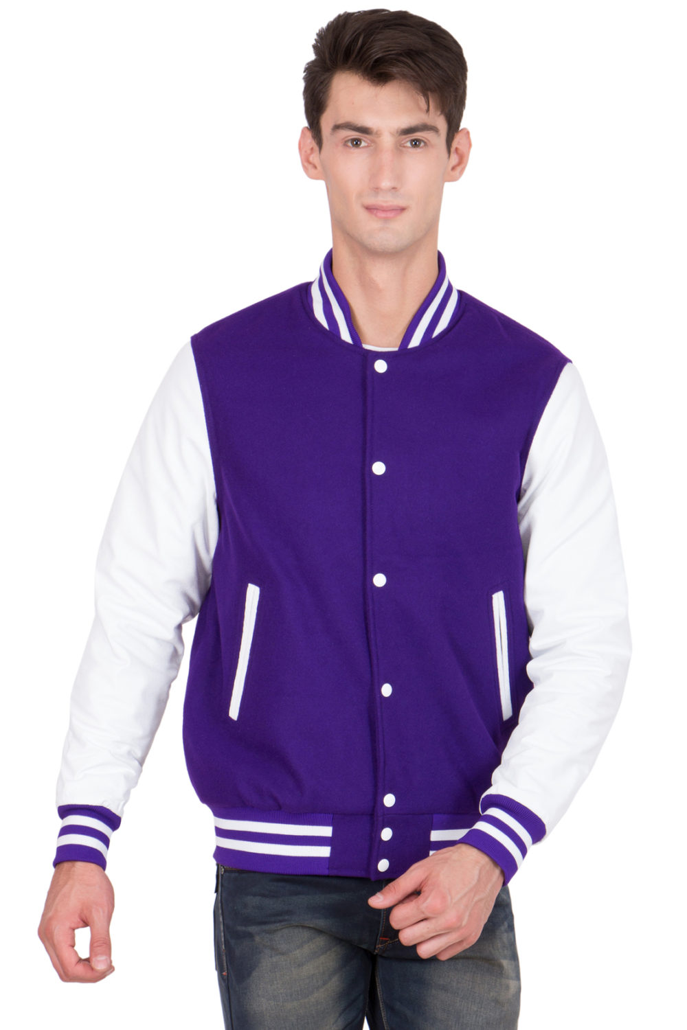 WHITE LINYL SLEEVES & PURPLE WOOL BODY VARSITY JACKET-MEN