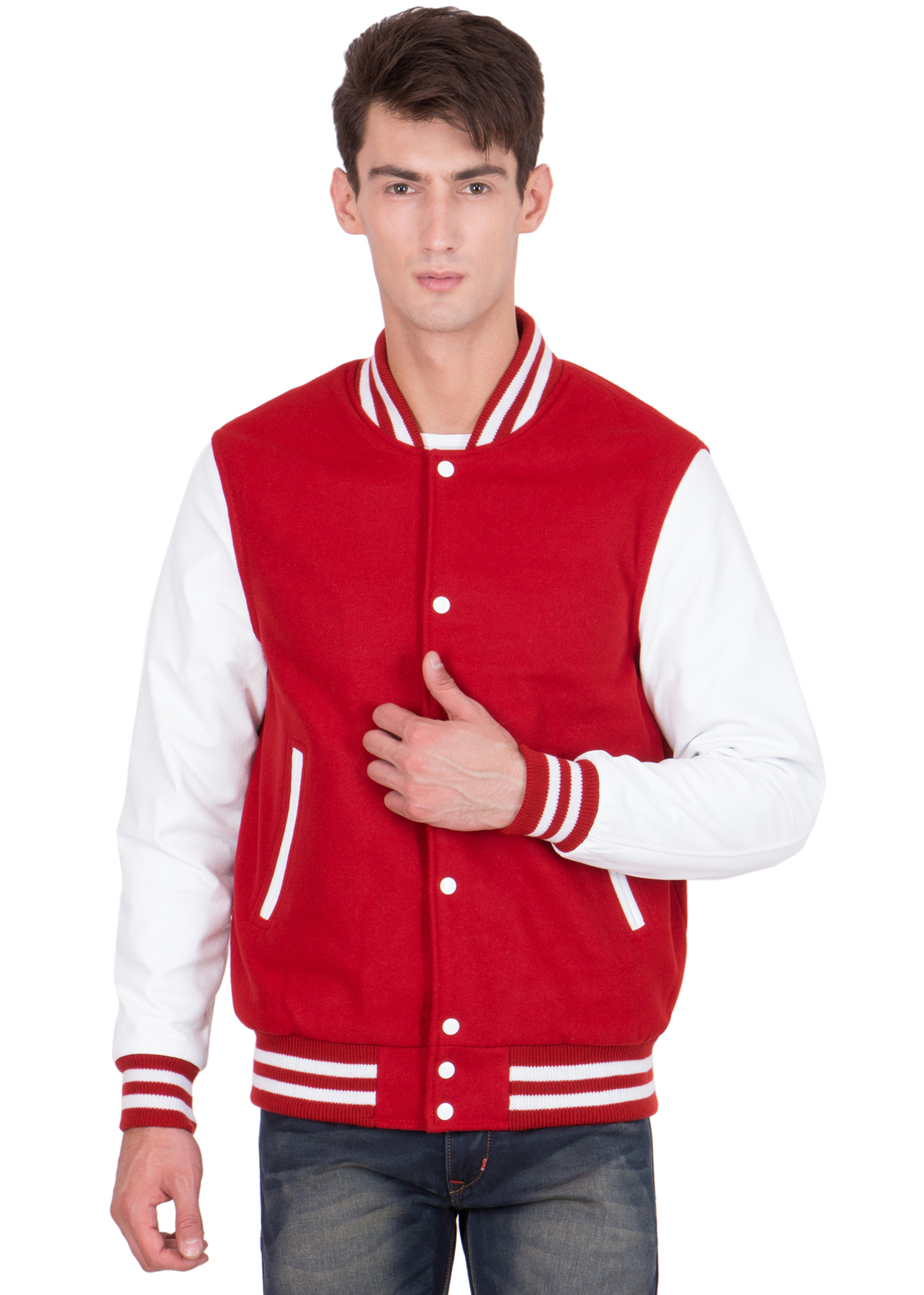 WHITE VINYL SLEEVES & SCARLET WOOL BODY VARSITY JACKET-MEN
