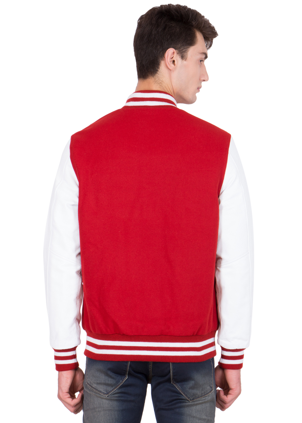 WHITE VINYL SLEEVES & SCARLET WOOL BODY VARSITY JACKET-MEN - Image 5
