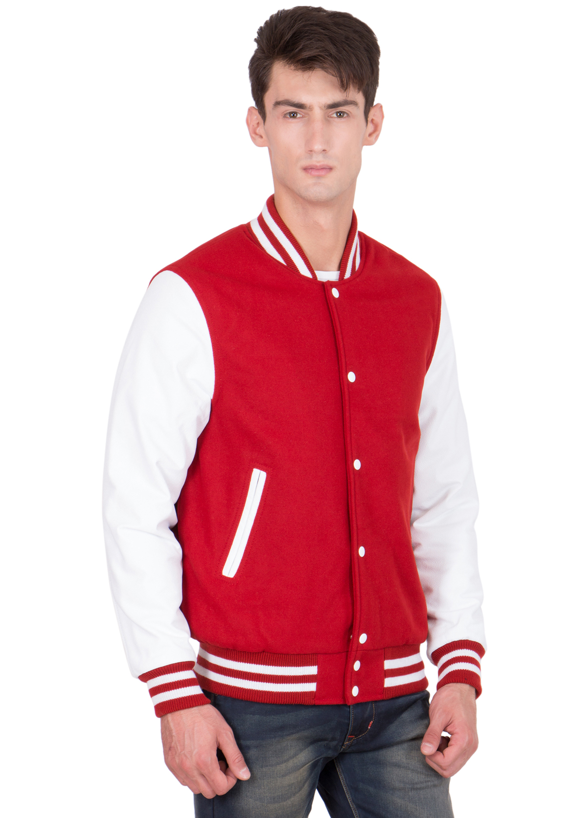 WHITE VINYL SLEEVES & SCARLET WOOL BODY VARSITY JACKET-MEN - Image 2