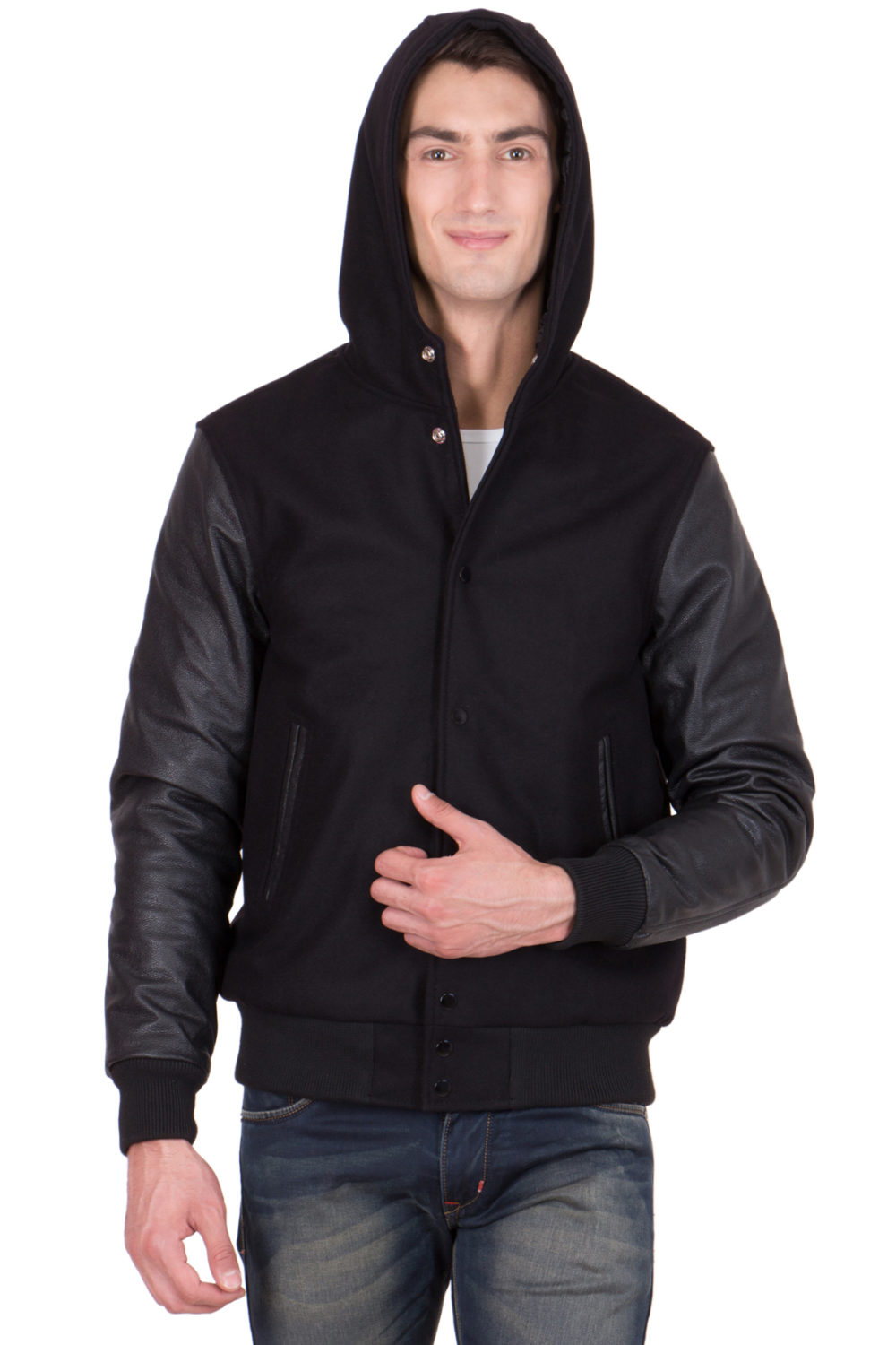 BLACK VINYL SLEEVES & NAVY WOOL BODY HOOD VARSITY JACKET-MEN