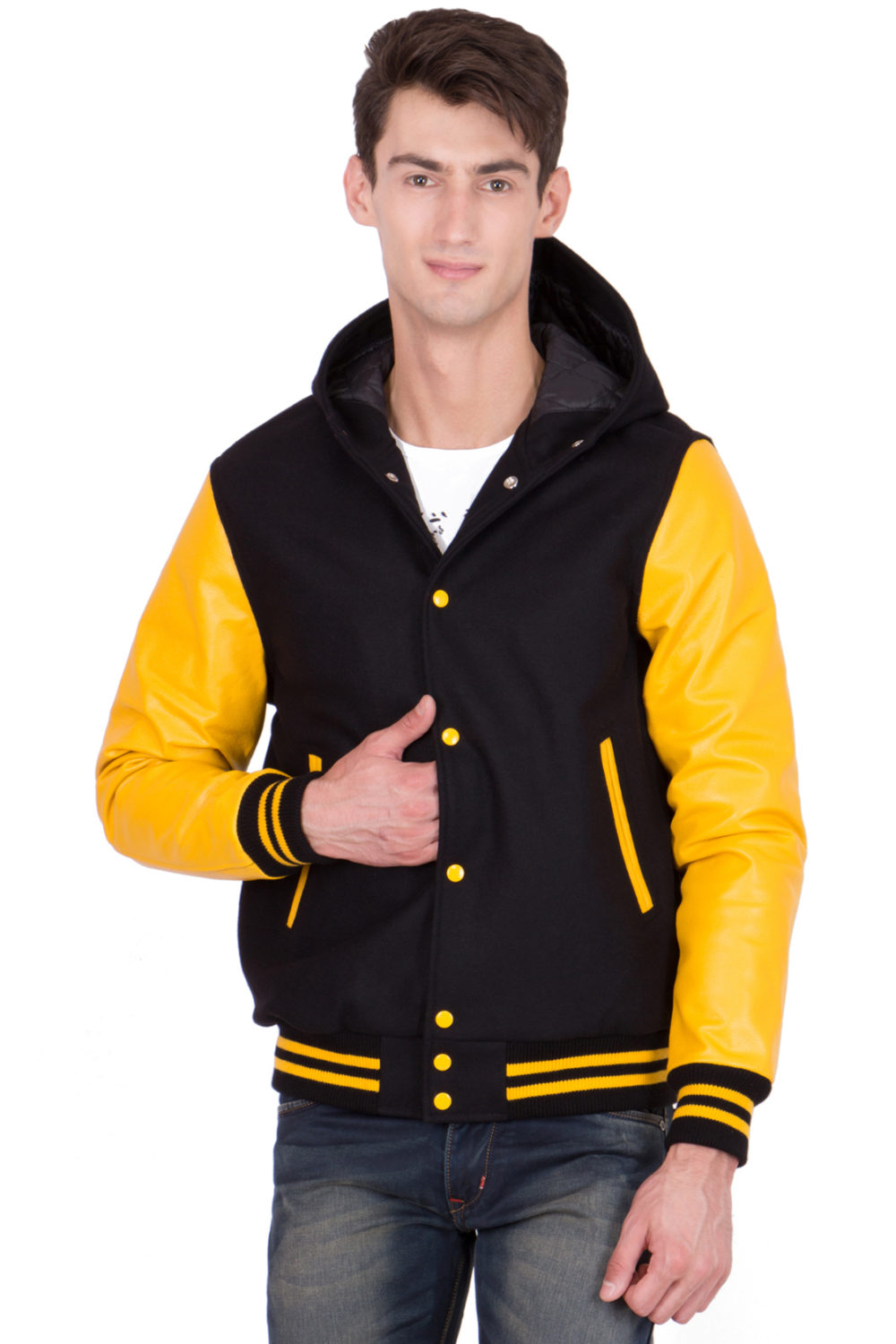 LEMON VINYL SLEEVES & BLACK WOOL BODY HOOD VARSITY JACKET-MEN