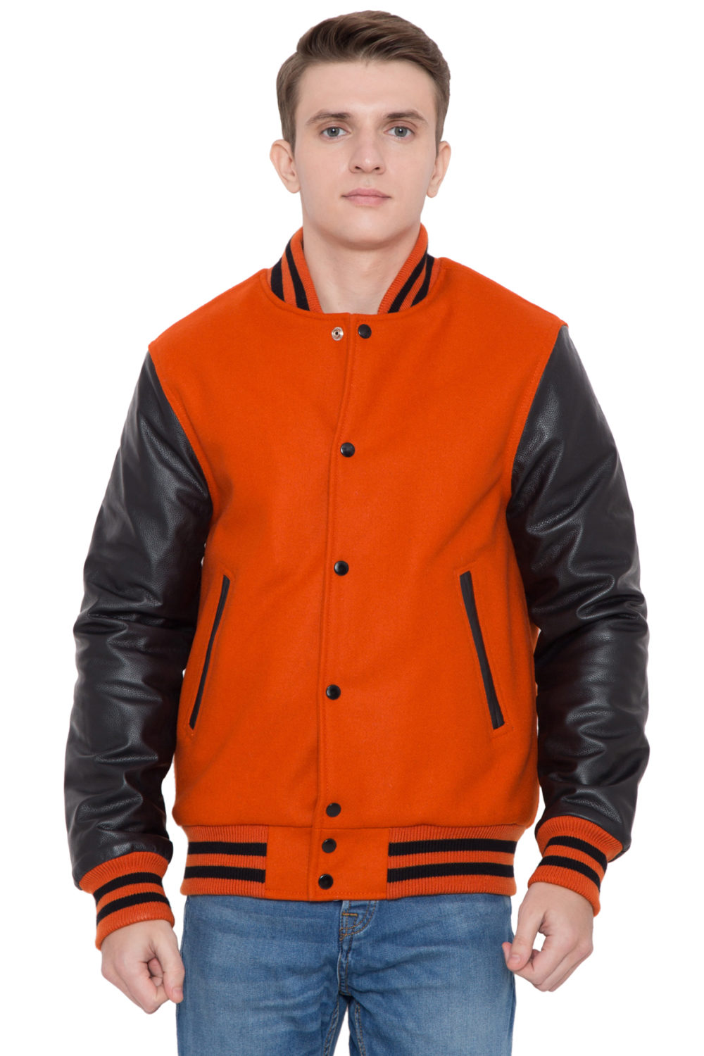 BLACK LEATHER SLEEVES & BURNT ORANGE WOOL BODY VARSITY JACKET - MEN