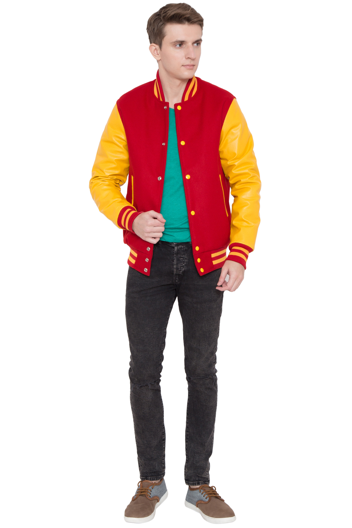 BRIGHT GOLD LEATHER SLEEVES & SCARLET WOOL BODY VARSITY JACKET - MEN - Image 2