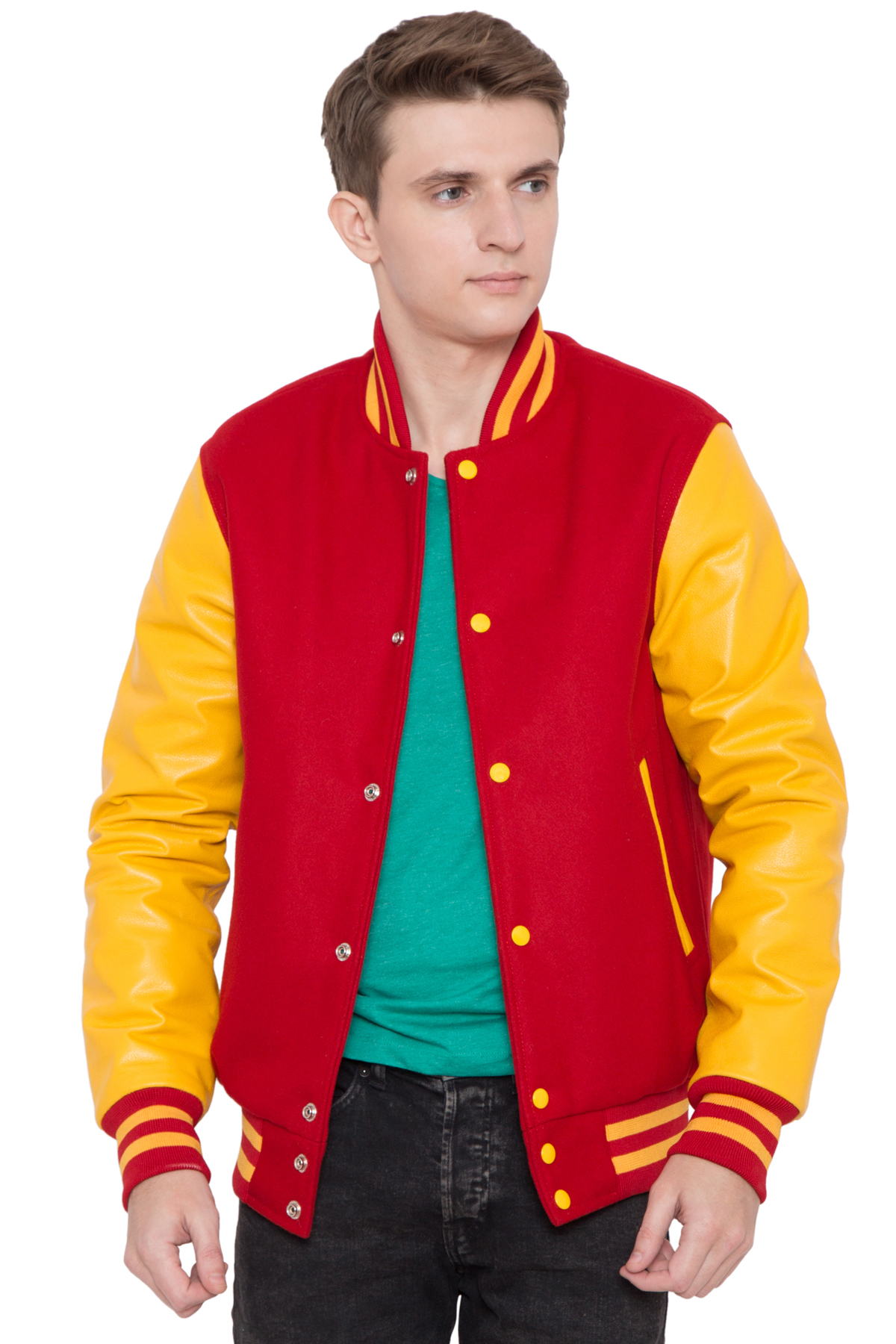 BRIGHT GOLD LEATHER SLEEVES & SCARLET WOOL BODY VARSITY JACKET - MEN - Image 3