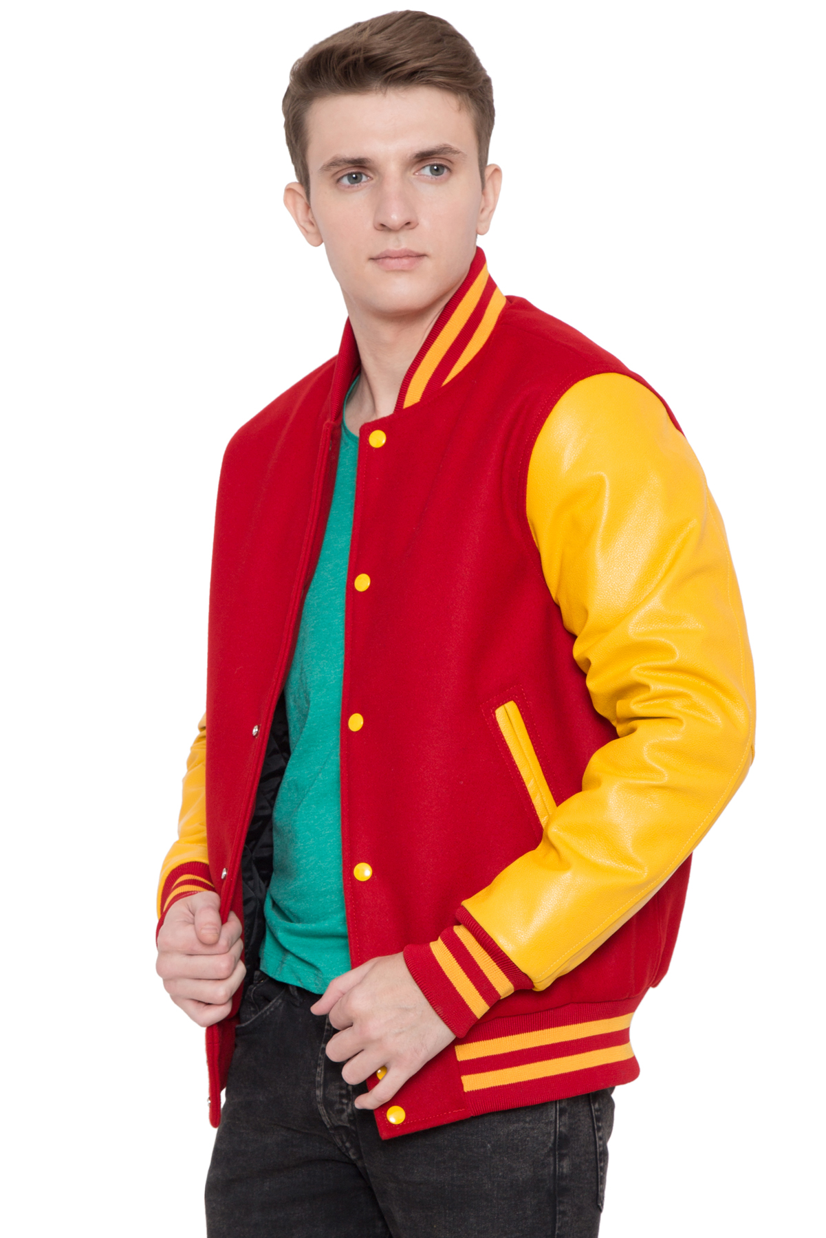 BRIGHT GOLD LEATHER SLEEVES & SCARLET WOOL BODY VARSITY JACKET - MEN - Image 4