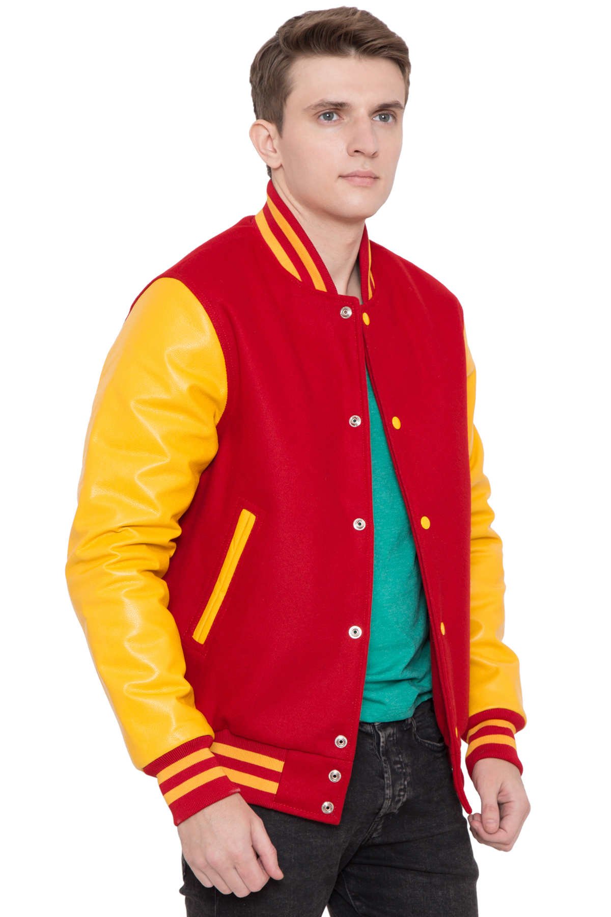 BRIGHT GOLD LEATHER SLEEVES & SCARLET WOOL BODY VARSITY JACKET - MEN - Image 5