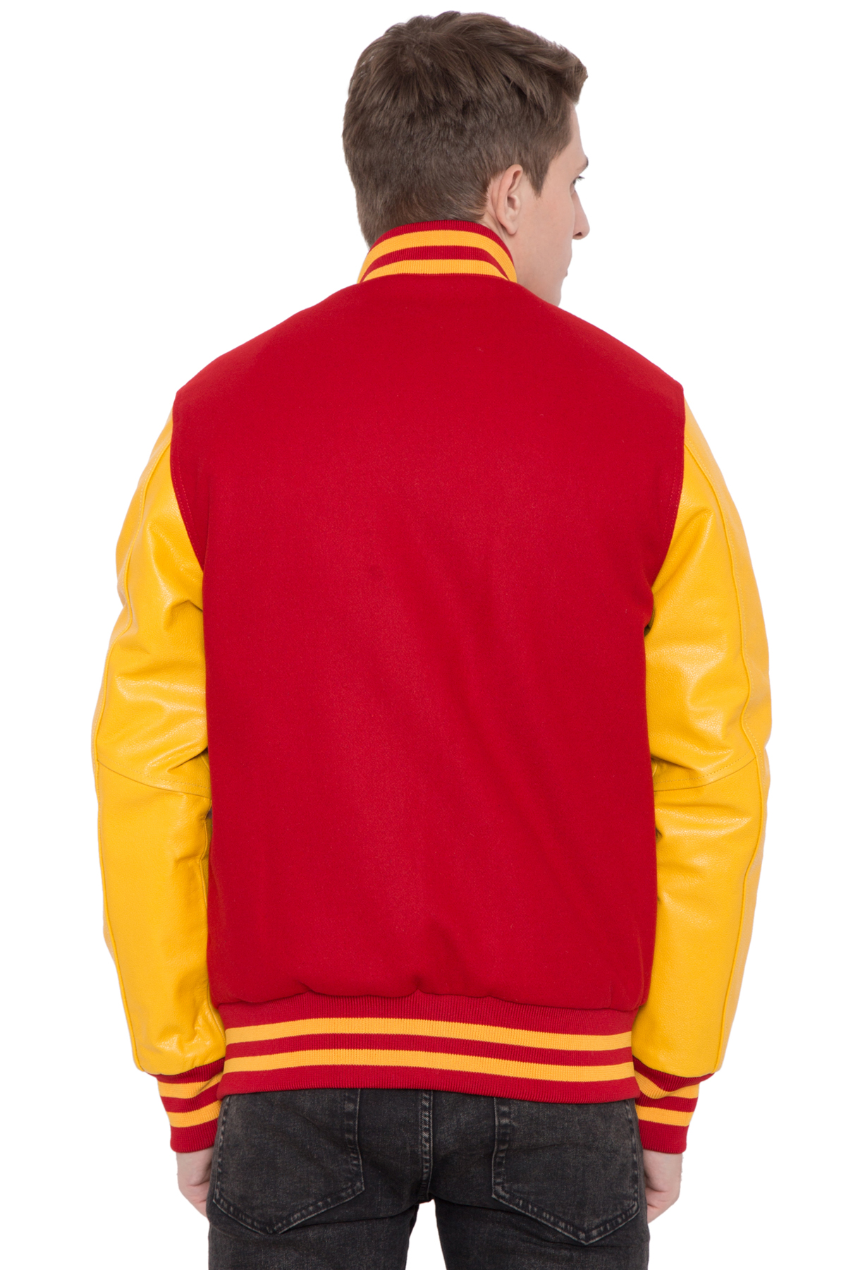 BRIGHT GOLD LEATHER SLEEVES & SCARLET WOOL BODY VARSITY JACKET - MEN - Image 7