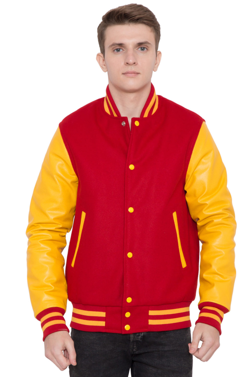 BRIGHT GOLD LEATHER SLEEVES & SCARLET WOOL BODY VARSITY JACKET - MEN