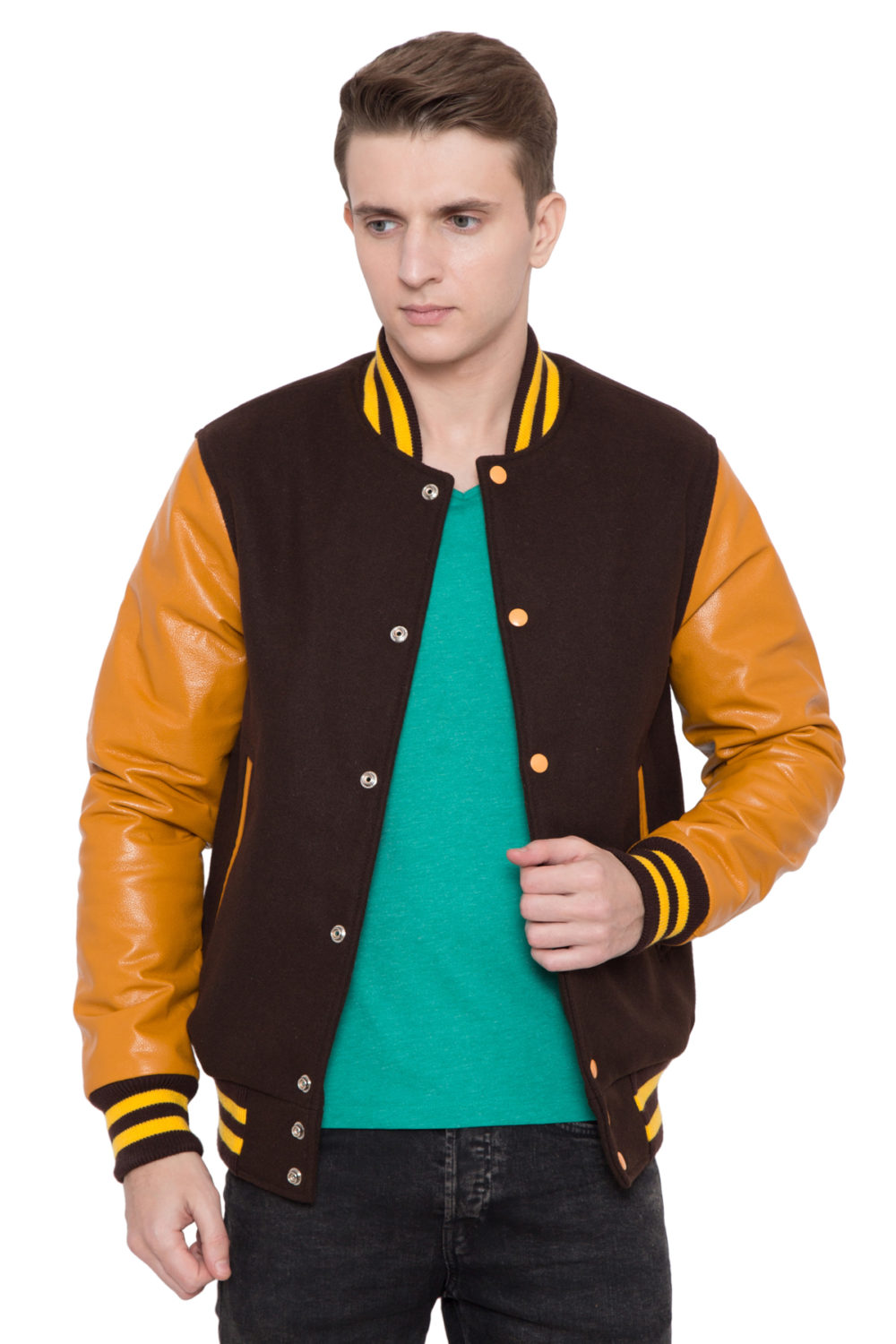 LIGHT GOLD LEATHER SLEEVES & BROWN WOOL BODY VARSITY JACKET - MEN