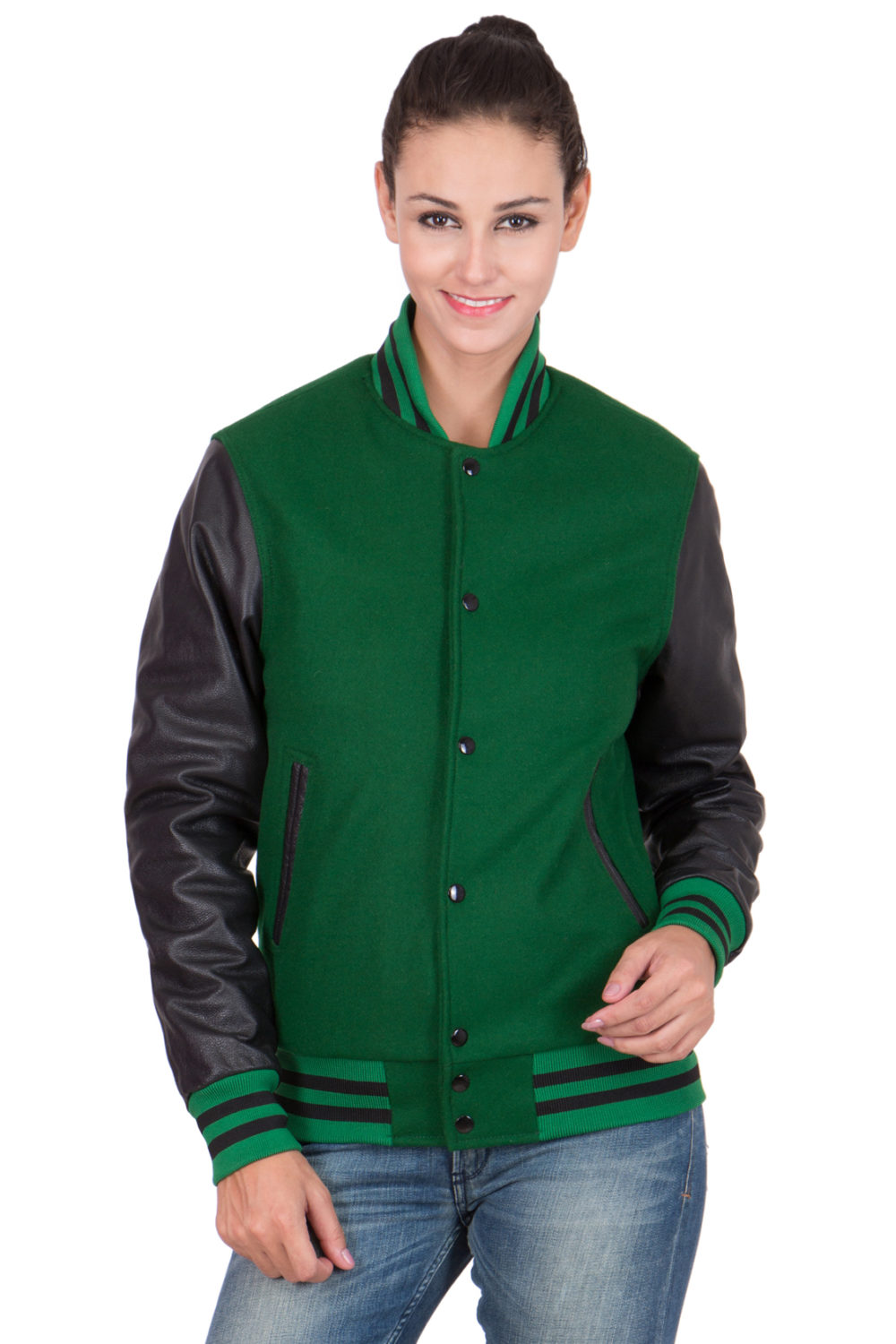 BLACK LEATHER SLEEVES & KELLY GREEN WOOL BODY VARSITY JACKET-WOMEN