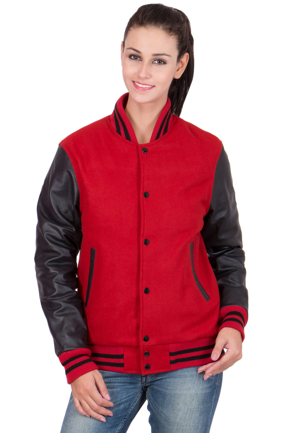 BLACK LEATHER SLEEVES & SCARLET WOOL BODY VARSITY JACKET-WOMEN