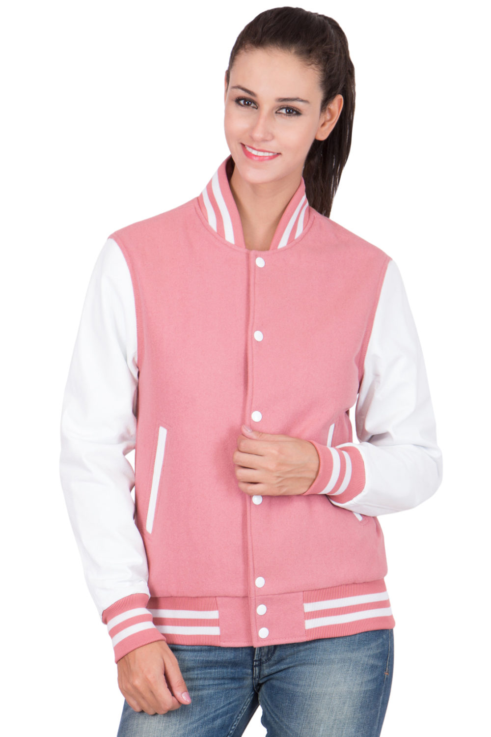 WHITE LEATHER SLEEVES & PINK WOOL BODY VARSITY JACKET-WOMEN