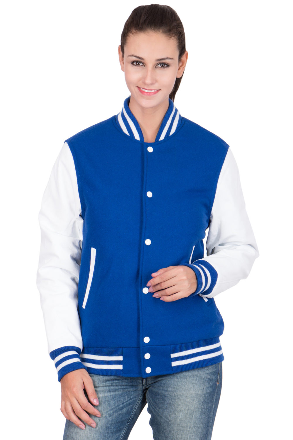 WHITE LEATHER SLEEVES & BRIGHT ROYAL BLUE WOOL BODY VARSITY JACKET-WOMEN