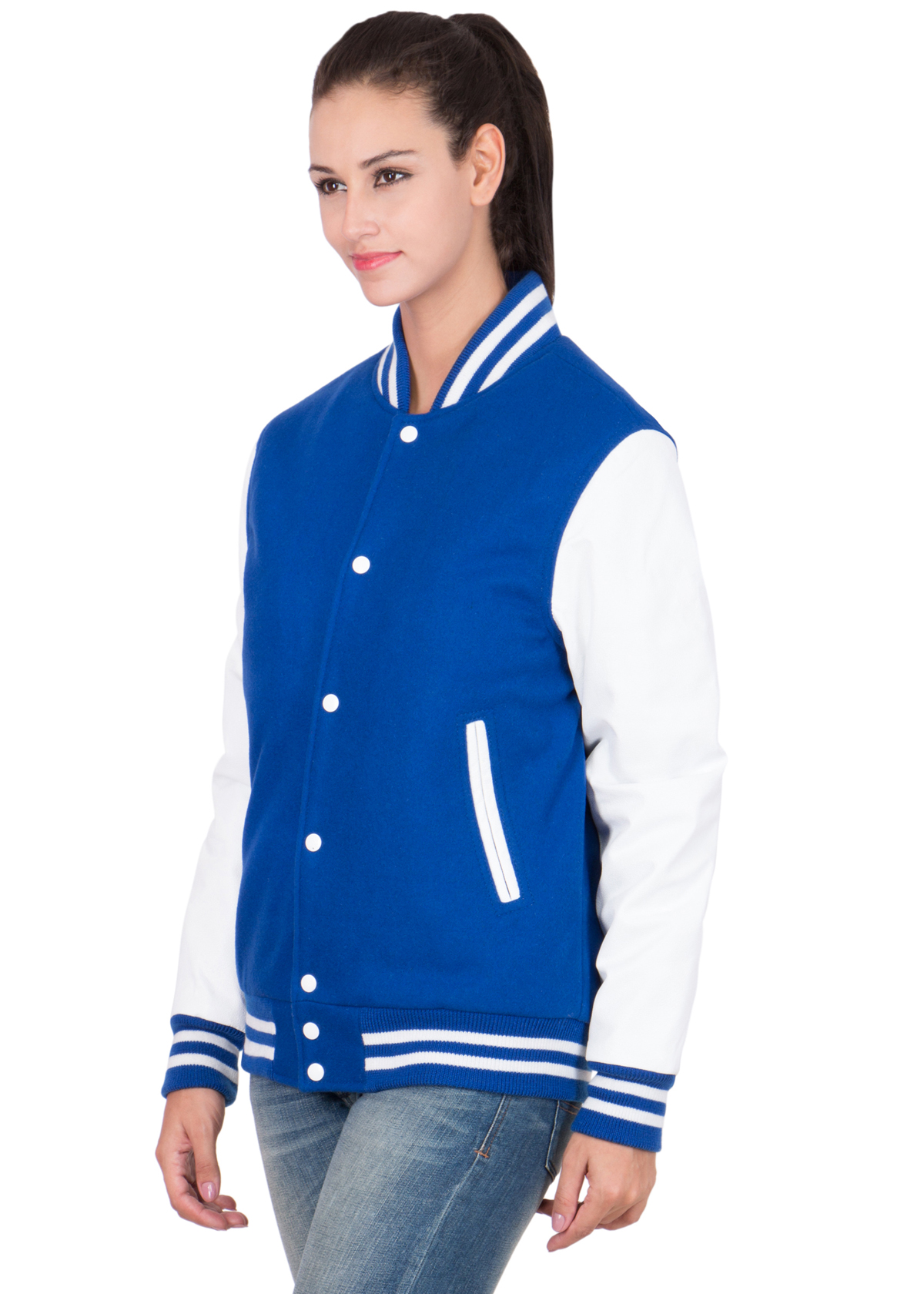 WHITE VINYL SLEEVES & BRIGHT ROYAL BLUE WOOL BODY VARSITY JACKET-WOMEN - Image 3