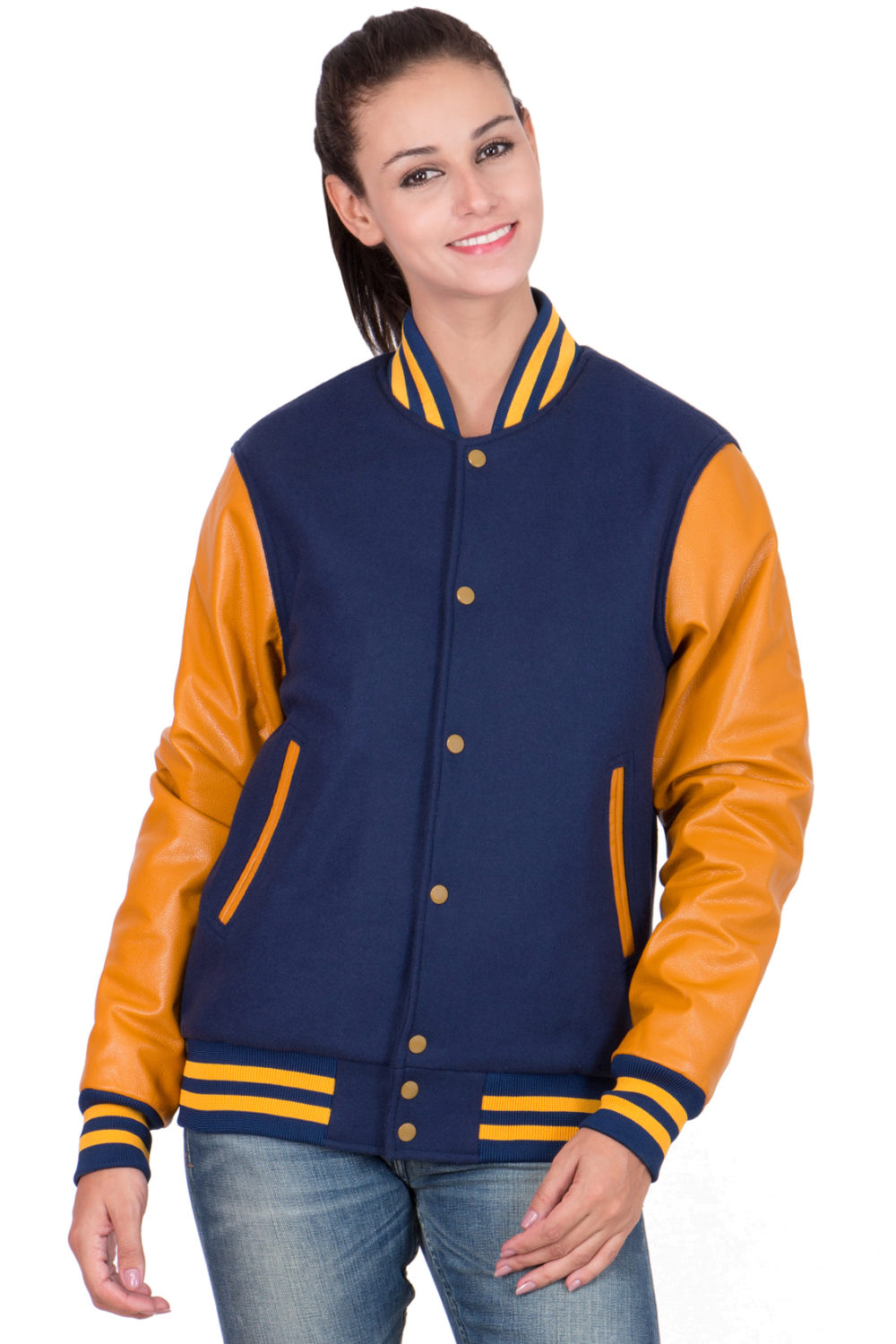 LIGHT GOLD VINYL SLEEVES & ROYAL BLUE WOOL BODY VARSITY JACKET-WOMEN
