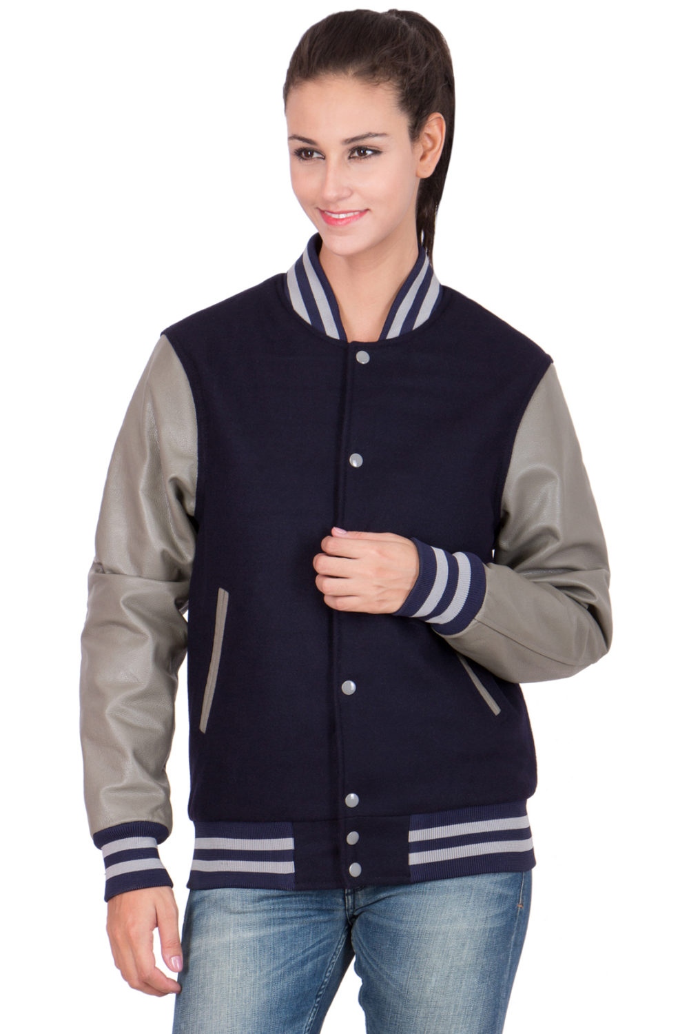 GREY VINYL SLEEVES & NAVY BLUE WOOL BODY VARSITY JACKET-WOMEN