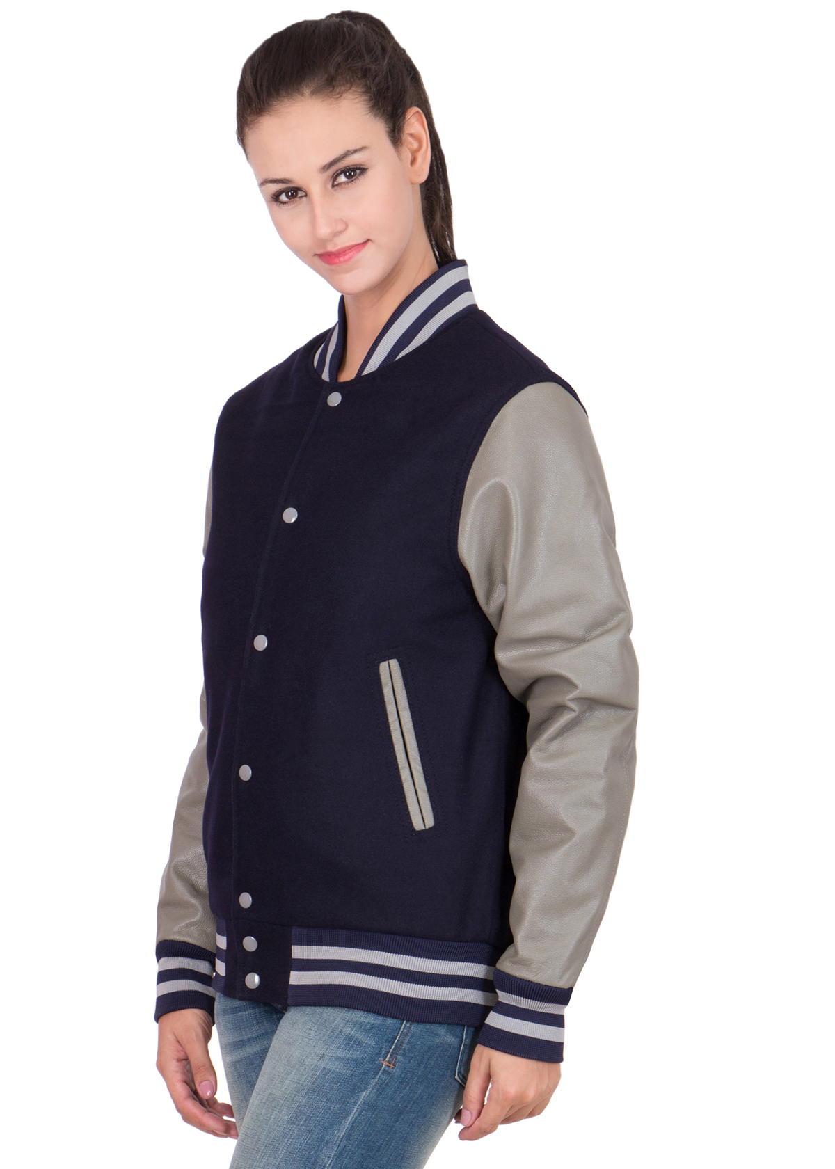 GREY VINYL SLEEVES & NAVY BLUE WOOL BODY VARSITY JACKET-WOMEN - Image 4