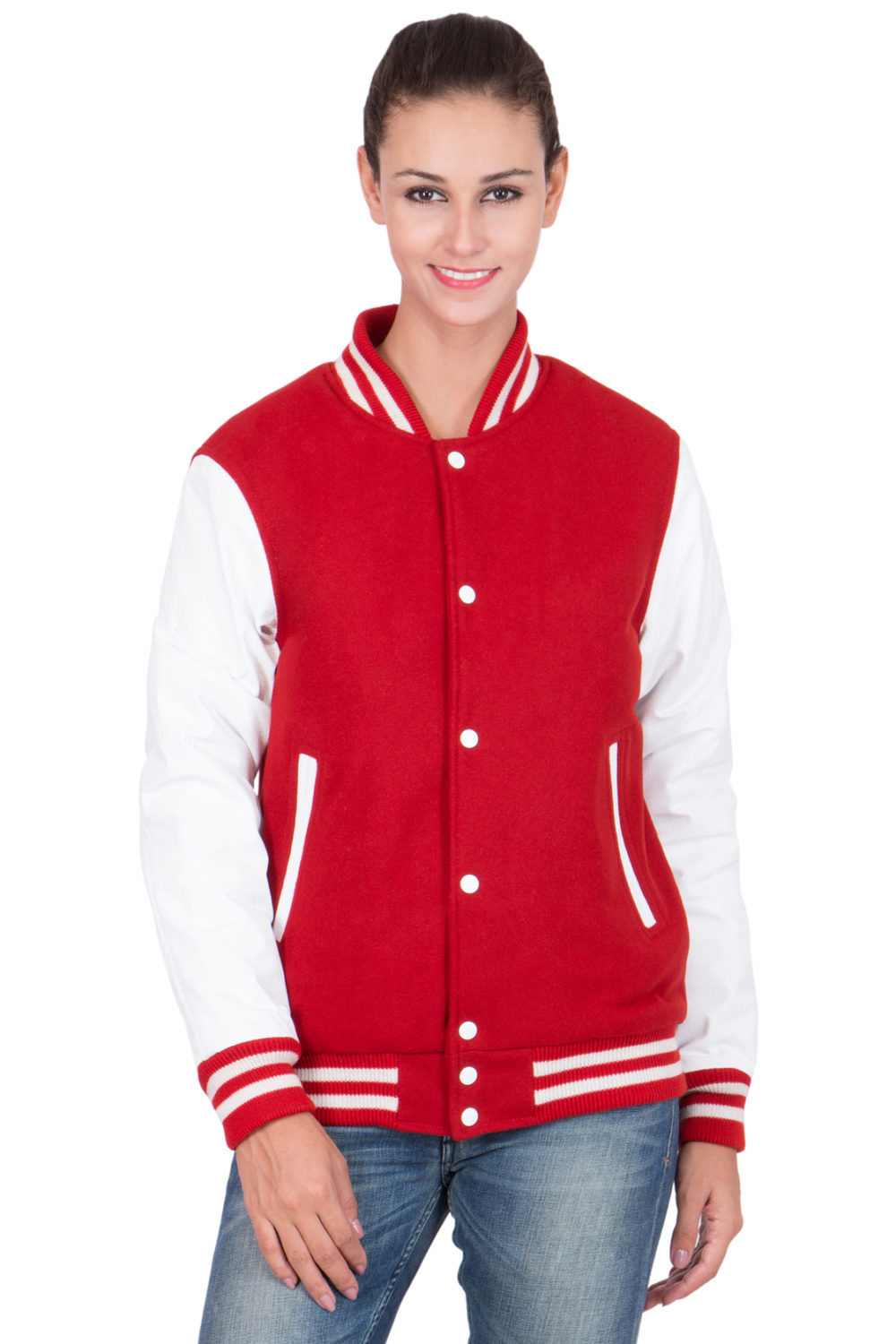 WHITE LEATHER SLEEVES & SCARLET RED WOOL BODY VARSITY JACKET-WOMEN