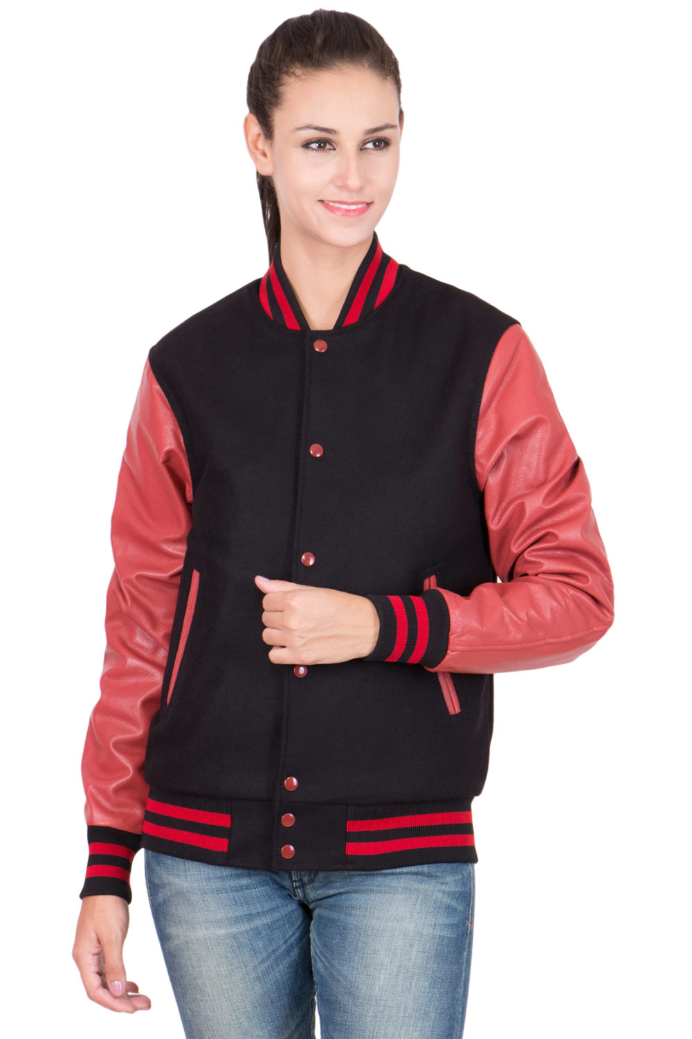 SCARLET RED LEATHER SLEEVES & BLACK WOOL BODY VARSITY JACKET-WOMEN