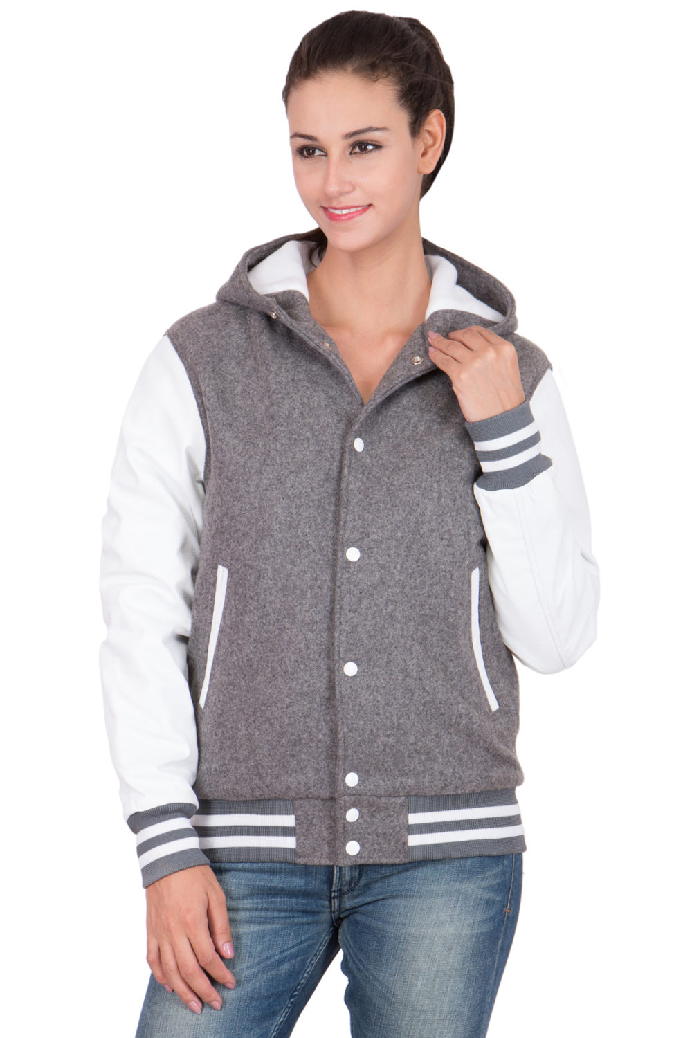 WHITE VINYL SLEEVES & GREY WOOL BODY HOOD VARSITY JACKET-WOMEN