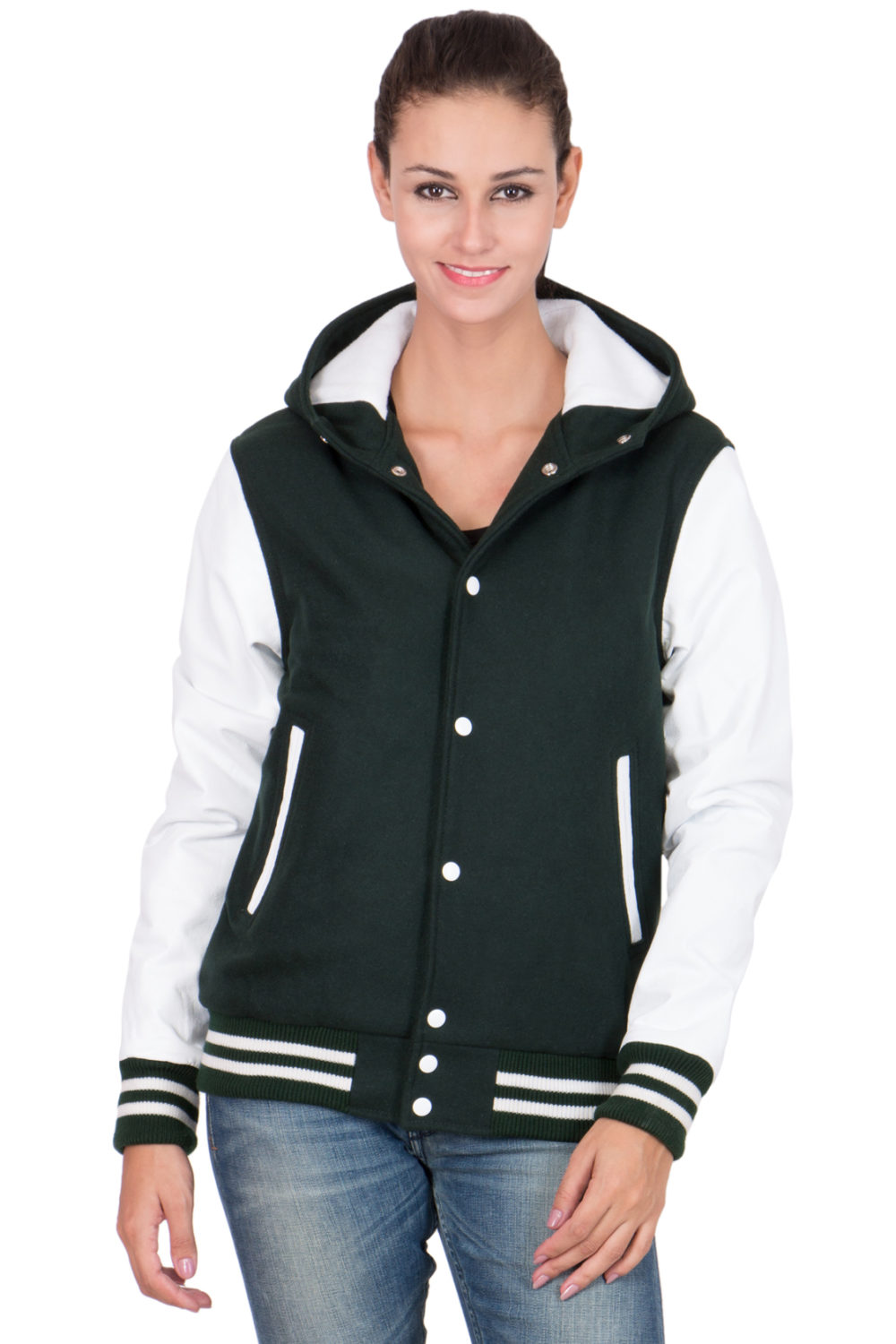 WHITE LEATHER SLEEVES & DARTHMOUTHGREEN WOOL BODY HOOD VARSITY JACKET-WOMEN