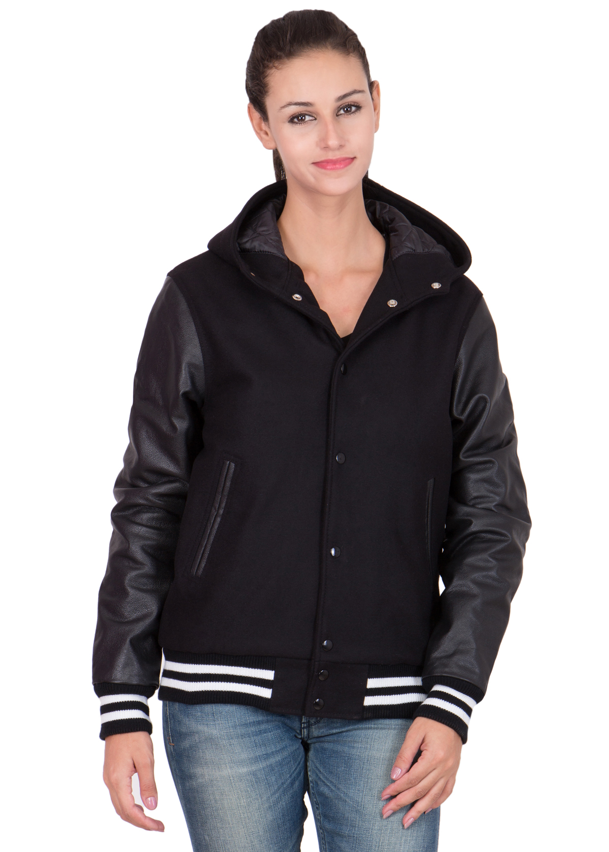 BLACK LEATHER SLEEVES & BLACK WOOL BODY HOOD VARSITY JACKET-WOMEN