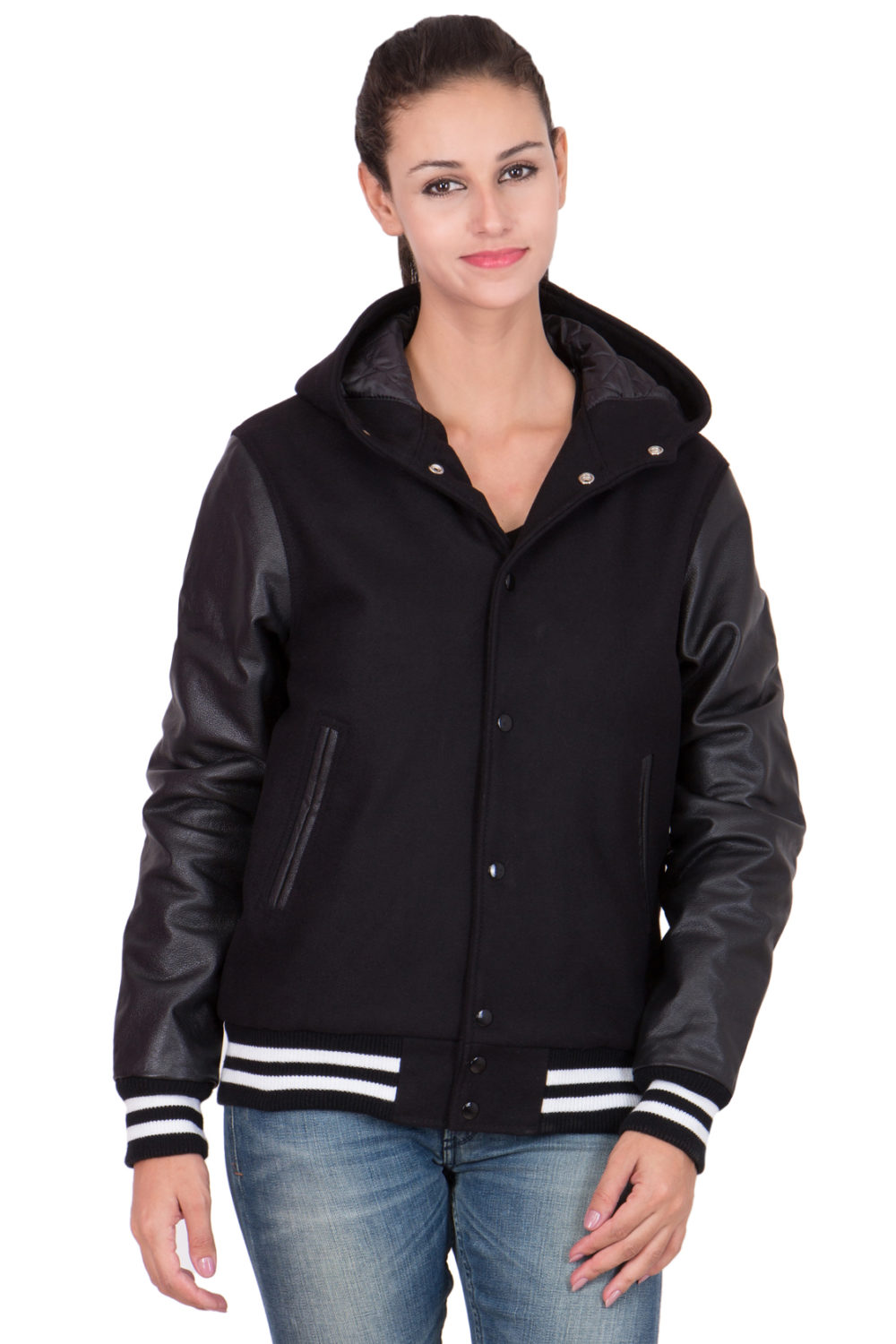 SCARLET RED VINYL SLEEVES & BLACK WOOL BODY VARSITY JACKET-WOMEN