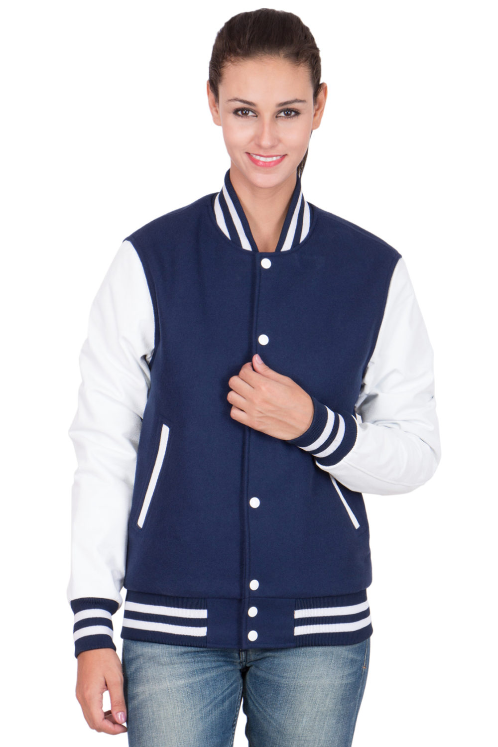 WHITE VINYL SLEEVES & HIGH ROYAL BLUE WOOL BODY VARSITY JACKET-WOME