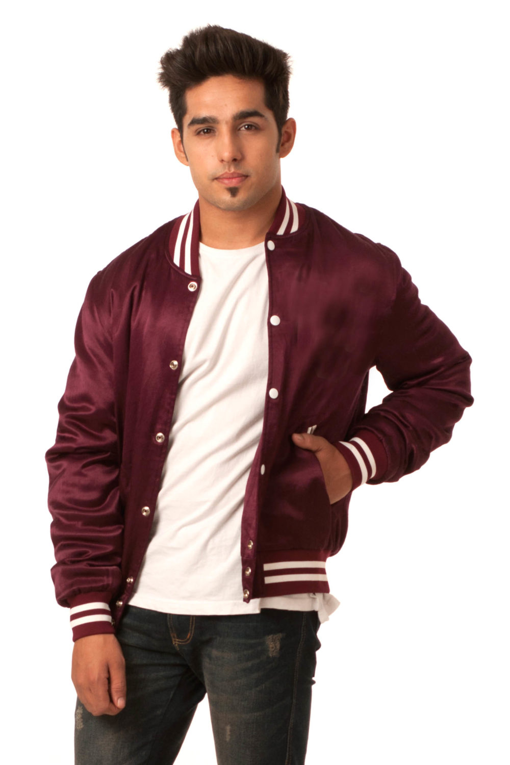 MAROON SATIN VARSITY JACKET- MEN