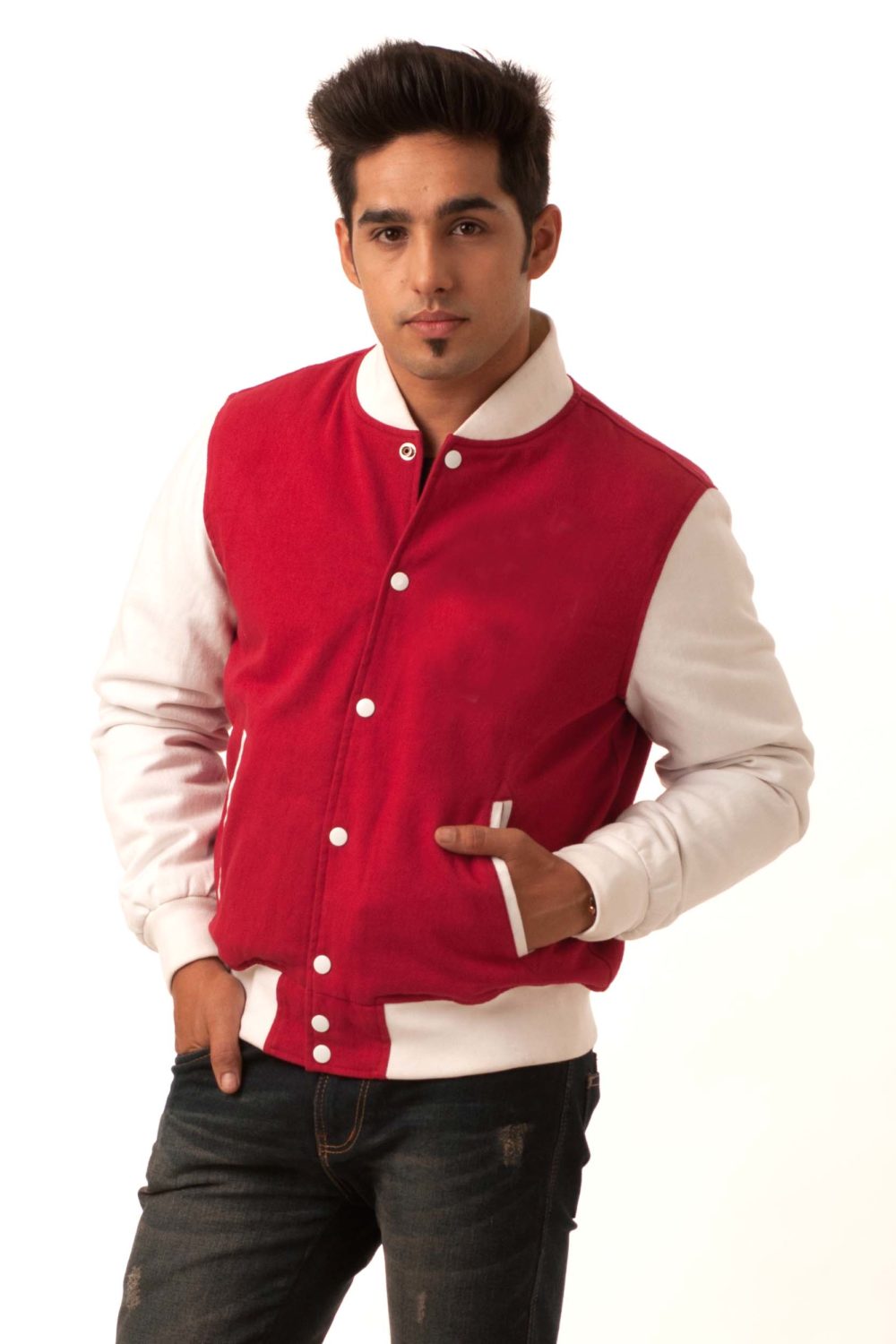 WHITE SLEEVES & RED COTTON VARSITY JACKET-MEN