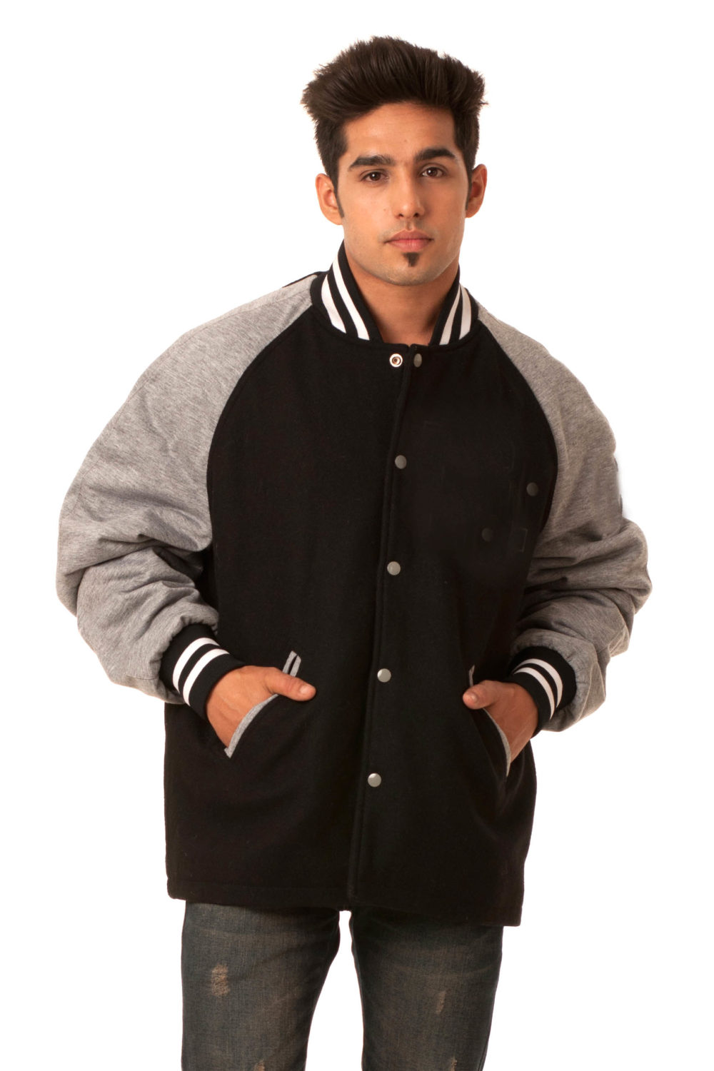 GRAY RAGLAN SLEEVES & BLACK FULL WOOL OPEN BOTTOM VARSITY JACKET-MEN