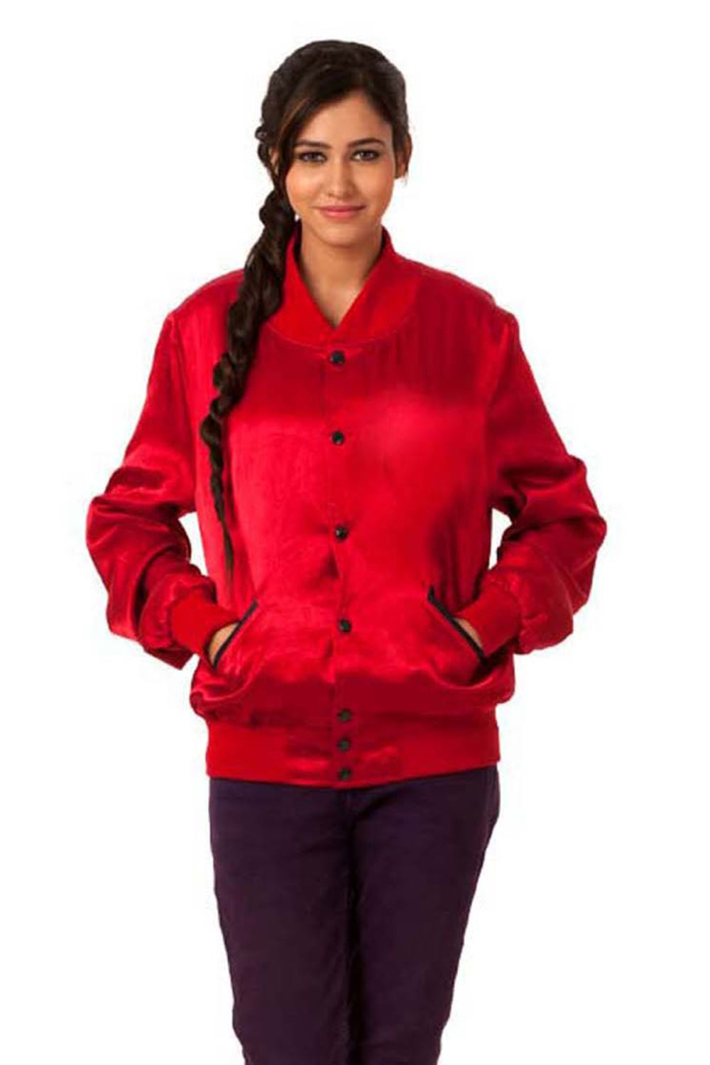 RED SLEEVES & RED SATIN VARSITY JACKET -WOMEN