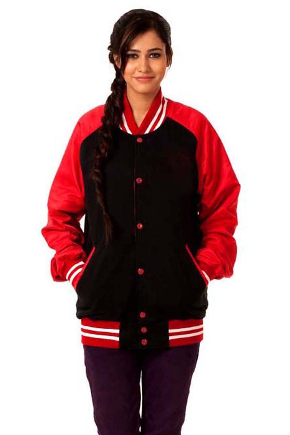 SCARLET RED SLEEVES & NAVY BLUE BODY FLEECE VARSITY JACKET-WOMEN