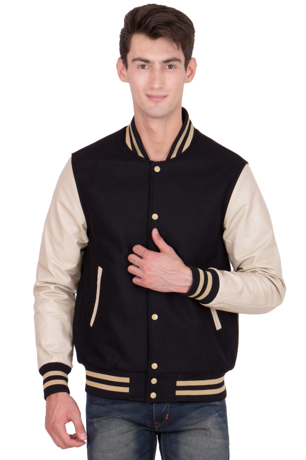 VEGAS GOLD LEATHER SLEEVES & BLACK WOOL BODY VARSITY JACKET-MEN