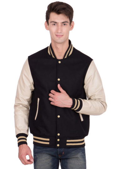 VEGAS GOLD LEATHER SLEEVES & BLACK WOOL BODY VARSITY JACKET-MEN