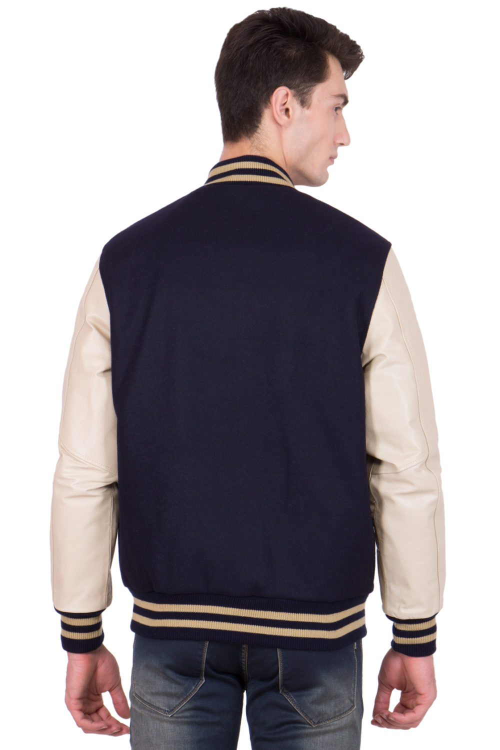 VEGAS GOLD LEATHER SLEEVES & BLACK WOOL BODY VARSITY JACKET-MEN