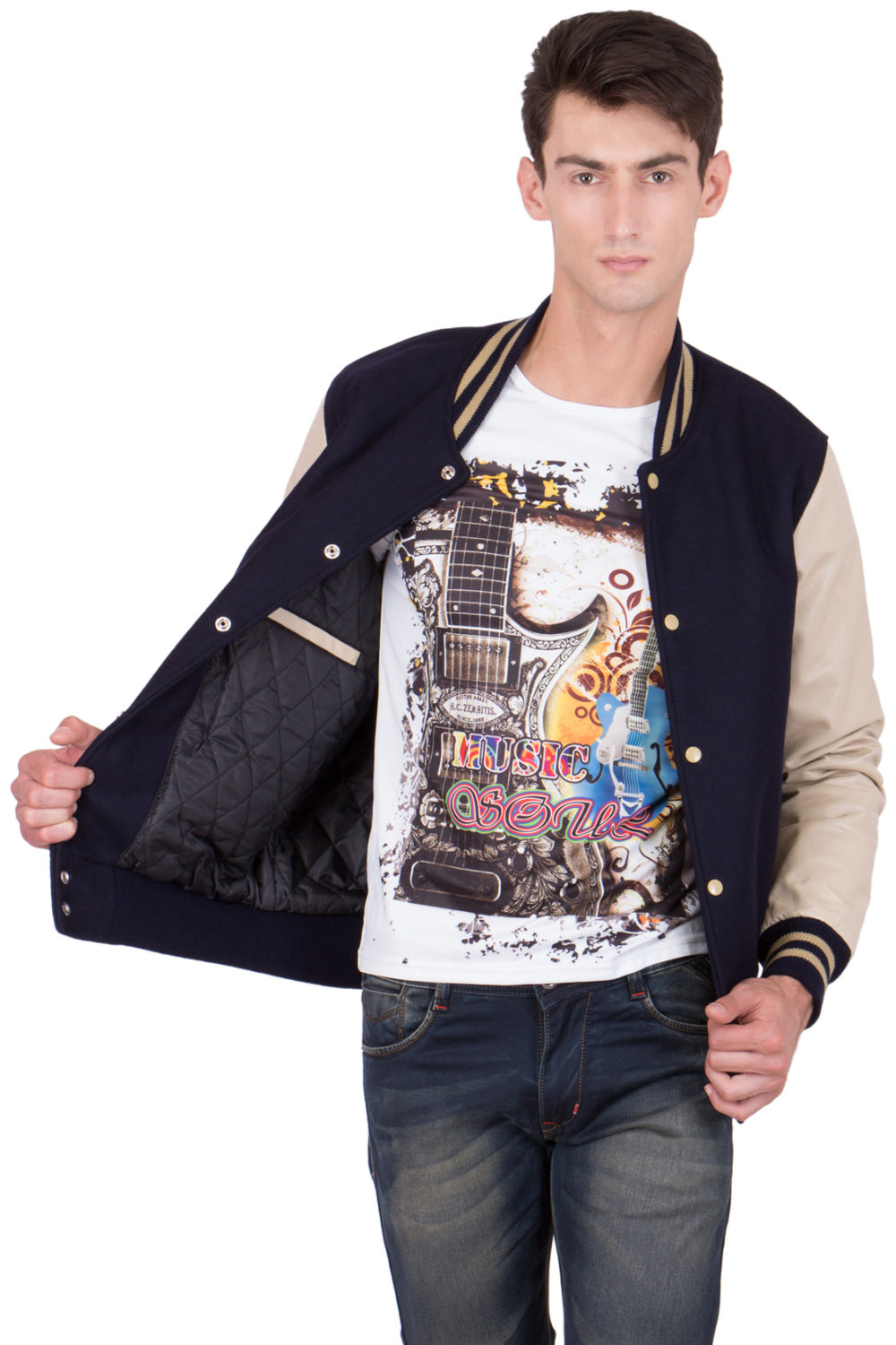 VEGAS GOLD LEATHER SLEEVES & BLACK WOOL BODY VARSITY JACKET-MEN