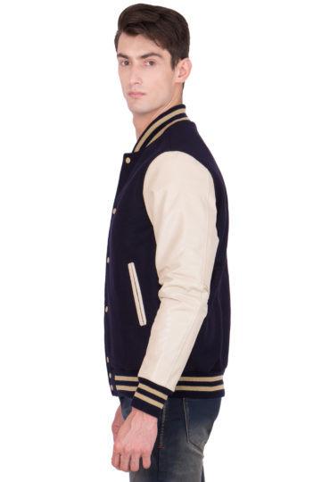 VEGAS GOLD LEATHER SLEEVES & BLACK WOOL BODY VARSITY JACKET-MEN