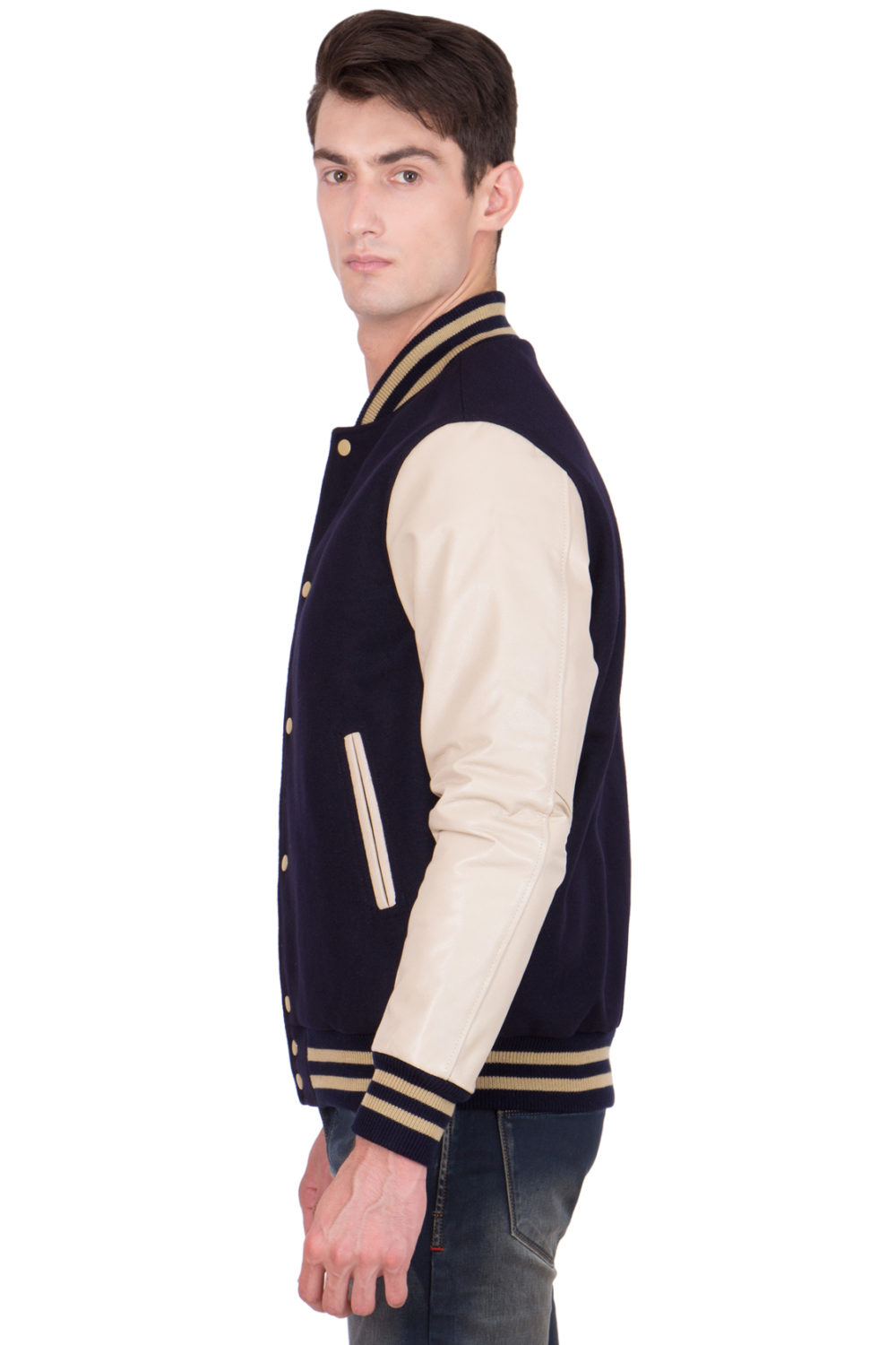 VEGAS GOLD LEATHER SLEEVES & BLACK WOOL BODY VARSITY JACKET-MEN