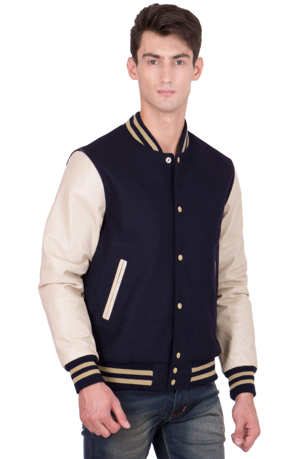 VEGAS GOLD LEATHER SLEEVES & BLACK WOOL BODY VARSITY JACKET-MEN