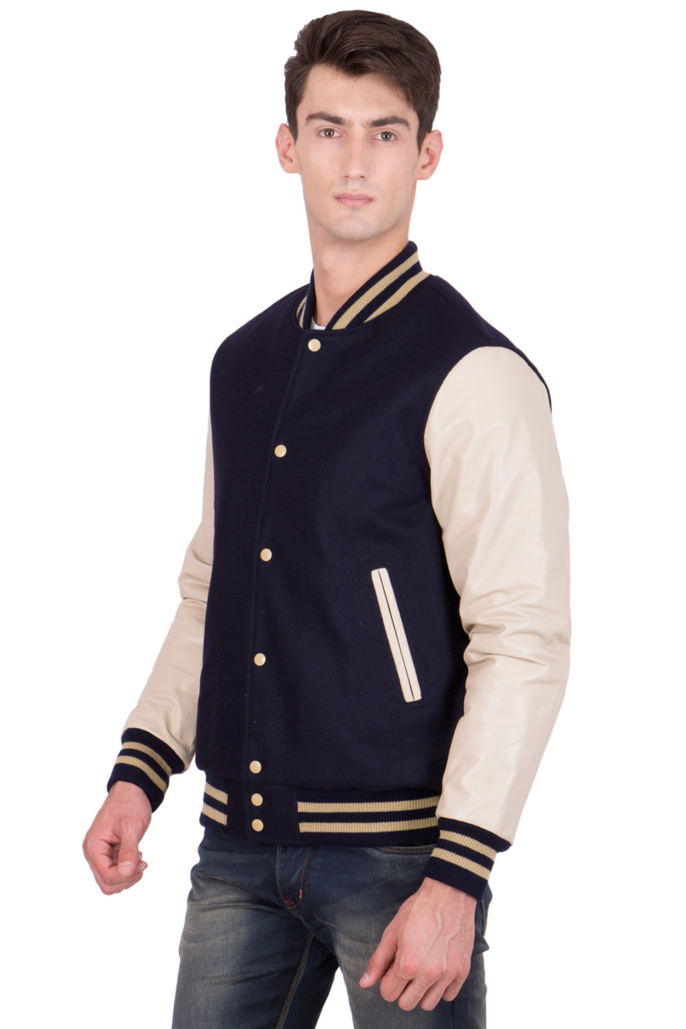 VEGAS GOLD LEATHER SLEEVES & BLACK WOOL BODY VARSITY JACKET-MEN