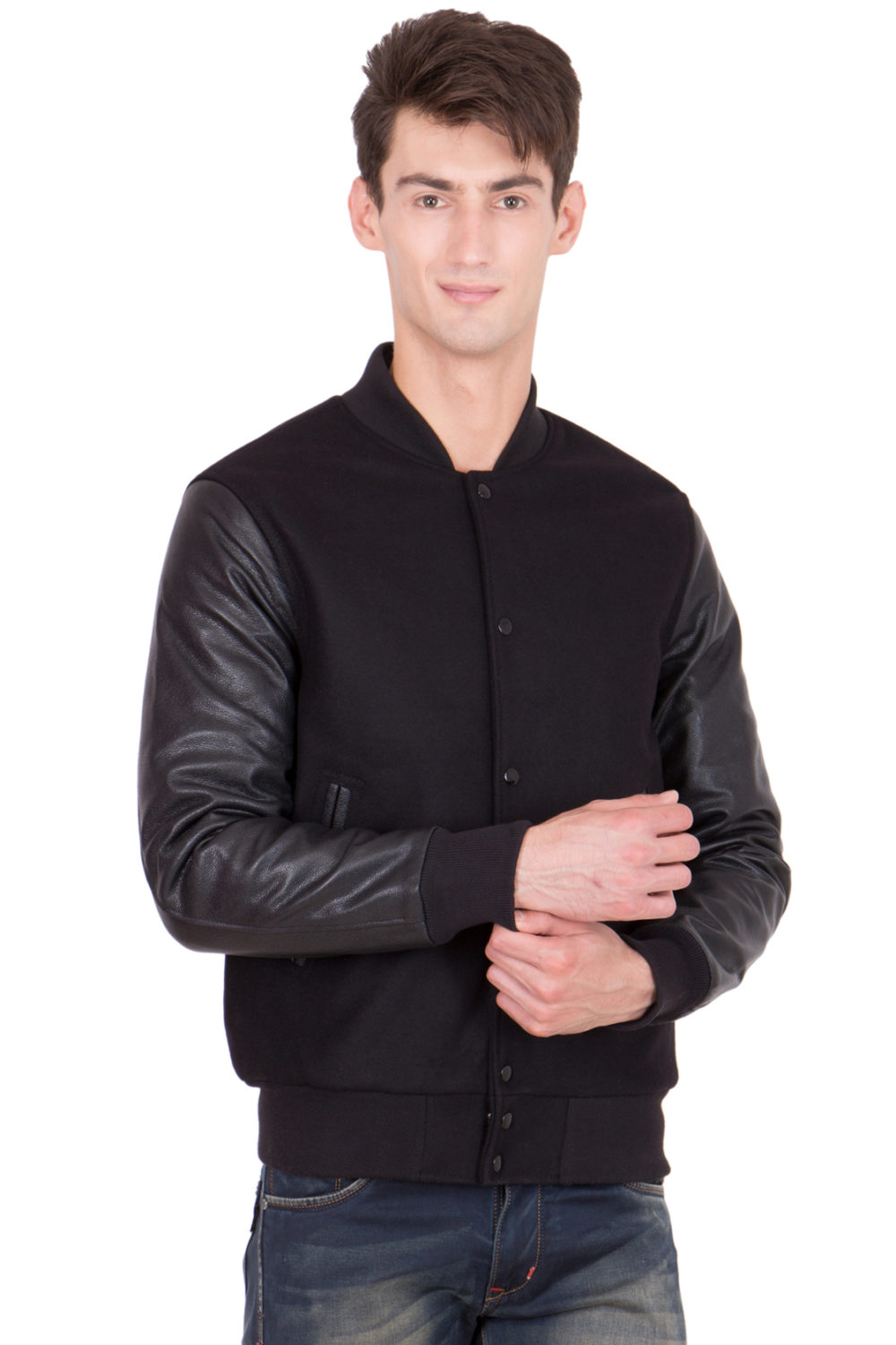 BLACK LEATHER SLEEVES & BLACK WOOL BODY VARSITY JACKET-MEN