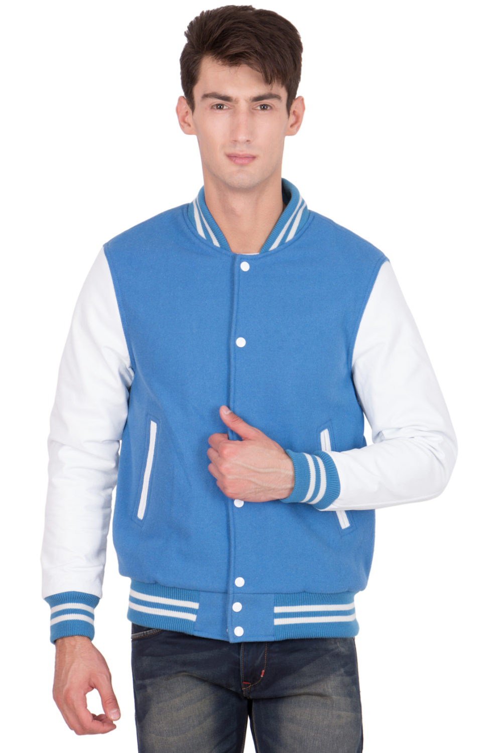 WHITE LEATHER SLEEVES & SKY BLUE WOOL BODY VARSITY JACKET-MEN
