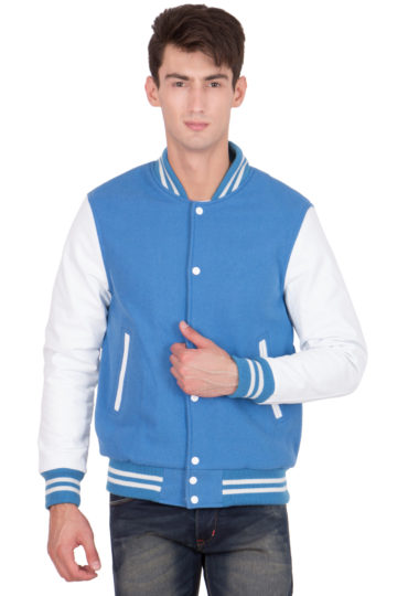 WHITE LEATHER SLEEVES & SKY BLUE WOOL BODY VARSITY JACKET-MEN