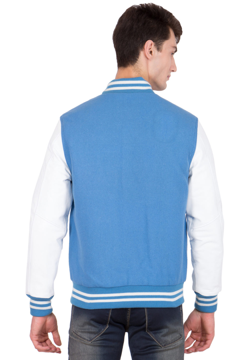 WHITE LEATHER SLEEVES & SKY BLUE WOOL BODY VARSITY JACKET-MEN