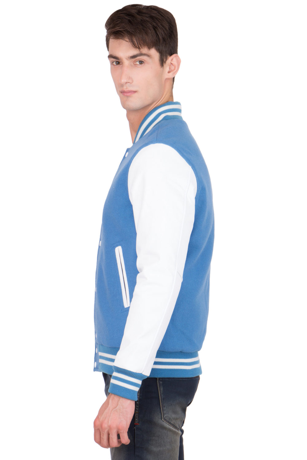 WHITE LEATHER SLEEVES & SKY BLUE WOOL BODY VARSITY JACKET-MEN