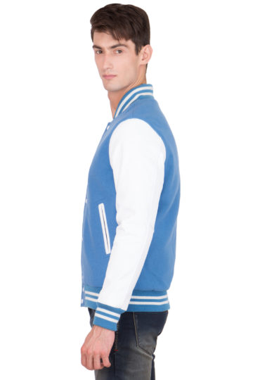 WHITE LEATHER SLEEVES & SKY BLUE WOOL BODY VARSITY JACKET-MEN