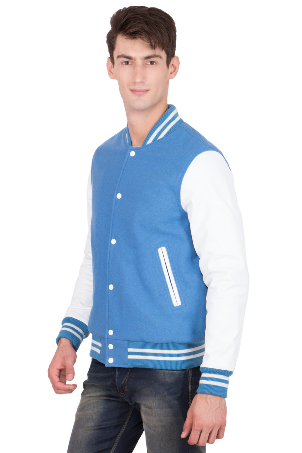 WHITE LEATHER SLEEVES & SKY BLUE WOOL BODY VARSITY JACKET-MEN